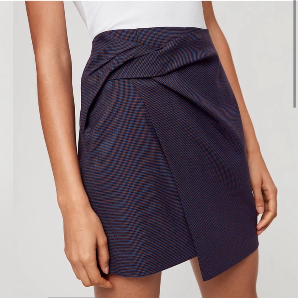 Aritzia Babaton Jethro Blue Plaid Twisted Assymetric Mini Skirt